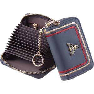 Ladies Navy Blue Zipper Credit Card Case Holder Key Chain Bee Wallet Coin Pocket